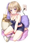  1girl absurdres azur_lane bangs bare_shoulders blue_eyes blush breasts classic_(zildjian33) cleavage crop_top cross hair_dryer highres iron_cross large_breasts light_brown_hair looking_at_viewer mouth_hold official_alternate_costume short_hair short_shorts shorts simple_background solo towel white_background z23_(azur_lane) z23_(keeper_of_the_comf-fort)_(azur_lane) 