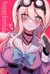  1girl bangs barbed_wire black_choker blonde_hair breasts choker cleavage clenched_hand closed_mouth danganronpa_(series) danganronpa_v3:_killing_harmony goggles goggles_on_head grey_eyes grey_sailor_collar hair_between_eyes hand_up happy_birthday heart highres iruma_miu kaeru_no_ko large_breasts long_hair o-ring pink_background pink_shirt sailor_collar shiny shiny_hair shirt solo upper_body 