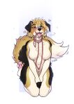  &lt;3 2022 absurd_res anthro black_body black_fur blue_eyes blush bodily_fluids breasts canid canine canis chest_tuft collar domestic_dog drooling f-r95 fangs featureless_breasts featureless_crotch female floppy_ears fur hair happy heterochromia hi_res hindpaw kneeling leash leash_in_mouth looking_up mammal navel nude object_in_mouth open_mouth pawpads paws pink_eyes saliva simple_background smile solo tan_body tan_fur tan_hair text tongue tongue_out tuft white_body white_fur 