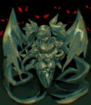  1girl angel_wings arms_under_breasts bare_shoulders breasts cleavage darkness dizzy_(guilty_gear) dong_hole english_commentary full_body glowing glowing_eyes guilty_gear hair_over_one_eye hair_ribbon highres large_breasts limited_palette long_hair navel open_mouth red_eyes ribbon thigh_strap thighhighs thighs twintails very_long_hair wings 