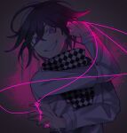  1boy bangs black_hair blood checkered_clothes checkered_scarf danganronpa_(series) danganronpa_v3:_killing_harmony grey_jacket grin hair_between_eyes hand_up highres jacket long_sleeves looking_at_viewer male_focus messy_hair ouma_kokichi pink_blood pink_hair purple_eyes scarf smile solo squiddy_t string teeth upper_body 