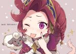  1girl :p animal blush braid brown_hair cape cherii_(cherry_sister) fur_trim grey_background hand_up index_finger_raised league_of_legends long_hair looking_at_viewer nail_polish one_eye_closed pink_nails purple_eyes red_cape sheep shiny shiny_hair solo sparkle tongue tongue_out translation_request very_long_hair winterblessed_zoe zoe_(league_of_legends) 