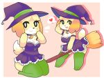  &lt;3 3_fingers 3_toes absurd_res animal_crossing anthro big_breasts blush breasts broom canid choker cleaning_tool cleavage clothed clothing costume digital_media_(artwork) dress feet female fingers fur green_clothing green_legwear green_stockings hair halloween hat headgear headwear hi_res holidays isabelle_(animal_crossing) jewelry kneeling legwear looking_back magic_user mammal necklace nintendo onigiri_punch open_mouth open_smile purple_clothing purple_dress purple_hat purple_headwear simple_background smile solo speech_bubble standing stockings thigh_highs toe_outline toes tongue video_games witch witch_costume witch_hat 