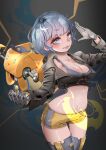  1girl absurdres blue_eyes blue_hair breasts cleavage cyborg cyborg_girls gloves highres humanoid_robot jonathan_lee looking_at_viewer medium_breasts micro_shorts non-web_source robot self_upload short_hair short_shorts shorts simple_background smile solo yellow_shorts 