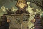  1girl absurdres bench bird blonde_hair brown_eyes brown_vest cloud collared_shirt day highres kornod looking_up newspaper original park price_list reading shirt short_hair solo sparrow tree vest white_shirt 