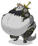  2022 anthro armor belly big_belly canid canine canis claws ears_up fangs fur grey_body grey_fur hair hand_on_stomach hector_(hectorthewolf) hectorthewolf hi_res looking_at_viewer male mammal morbidly_obese morbidly_obese_anthro morbidly_obese_male navel obese obese_anthro obese_male open_mouth overweight overweight_anthro overweight_male smile smiling_at_viewer solo standing sword_sheath teeth toe_claws wide_eyed wolf 