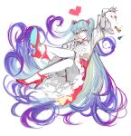  1girl absurdly_long_hair arm_up blue_hair candy closed_mouth food frilled_skirt frills hair_ornament heart heart_hair_ornament high_heels highres lobotomy_corporation lollipop long_hair pink_footwear pink_nails pixel_heart project_moon queen_of_hatred remsrar shirt sketch skirt smile solo two-tone_background very_long_hair white_shirt yellow_eyes 