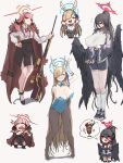  3girls absurdly_long_hair absurdres animal_ears anmochi_mochi aru_(blue_archive) asuna_(blue_archive) asuna_(bunny)_(blue_archive) bare_shoulders black_choker black_hair black_wings blue_archive blue_leotard breasts brown_pantyhose chibi choker closed_eyes coat demon_horns fur-trimmed_coat fur_trim hair_ribbon halo hasumi_(blue_archive) hasumi_(gym_uniform)_(blue_archive) highres horns jacket large_breasts large_wings leotard light_brown_hair long_hair mole mole_under_eye multiple_girls official_alternate_costume pantyhose partially_unzipped pink_hair playboy_bunny ponytail rabbit_ears red_eyes ribbon smile sportswear track_jacket very_long_hair wings 