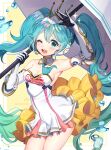  1girl aqua_eyes aqua_hair bangs bare_shoulders commentary dress elbow_gloves gloves goodsmile_racing hair_ornament hatsune_miku holding holding_umbrella lerome long_hair looking_at_viewer necktie one_eye_closed open_mouth racing_miku racing_miku_(2015) twintails umbrella very_long_hair vocaloid white_gloves 