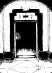  1girl 4shi commentary_request dango-chan_(4shi) elevator greyscale hair_bun hatching_(texture) highres hollow_eyes horror_(theme) indoors linear_hatching looking_at_viewer monochrome original peeking_out short_hair sketch smile solo tile_floor tiles 