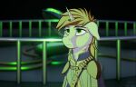  3d_background bags_under_eyes bandolier belt blade_runner_2049 clothing fallout_equestria fanfic_art female feral fluffyorbiter green_eyes hasbro hi_res horn jumpsuit leather leather_straps littlepip looking_up my_little_pony scar shoulder_pads solo tired tired_eyes 