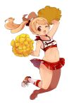  1girl blonde_hair breasts character_request cheerleader collarbone crop_top full_body highres holding long_hair looking_at_viewer midriff mota navel one_eye_closed open_mouth pleated_skirt pom_pom_(cheerleading) shoes simple_background skirt smile sneakers solo white_background 