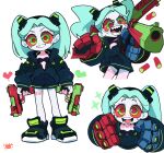  black_jacket chibi colored_sclera colored_skin cyberpunk_(series) cyberpunk_edgerunners green_hair gun handgun highres holding holding_gun holding_weapon jacket kim_crab mechanical_hands open_mouth rebecca_(cyberpunk) red_sclera sharp_teeth shoes simple_background smile sneakers tattoo teeth twintails weapon white_background white_skin 