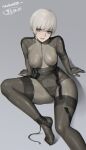  1girl absurdres arm_support bangs bodysuit breasts commentary commission covered_nipples grey_background highres impossible_bodysuit impossible_clothes laughing_octopus legs lips long_sleeves looking_at_viewer medium_breasts metal_gear_(series) metal_gear_solid metal_gear_solid_4 nyatokanyaru parted_lips see-through shadow shiny shiny_clothes shiny_hair short_hair simple_background skeb_commission skin_tight smile solo white_hair wire 