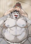  2022 absurd_res anthro belly big_belly blush bodily_fluids canid canine canis domestic_dog duo eyes_closed grey_body groping_from_behind hi_res human human_on_anthro interspecies kemono kotobuki male male/male mammal moob_grab moobs navel nipples obese obese_male overweight overweight_male sauna steam sweat tamacolle towel yamato_(tamacolle) 