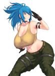  1girl aster_crowley belt blue_eyes blue_hair breasts choker curvy earrings gloves green_pants jewelry large_breasts leona_heidern navel pants ponytail simple_background solo tank_top the_king_of_fighters the_king_of_fighters_xv triangle_earrings white_background yellow_tank_top 