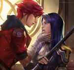  2girls arcane:_league_of_legends arcane_caitlyn arcane_vi bandaged_arm bandages blue_eyes blue_hair caitlyn_(league_of_legends) cdash817 commentary_request highres league_of_legends looking_at_another multiple_girls parted_lips red_hair vi_(league_of_legends) yuri 