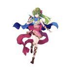  1girl absurdres armor bangs bare_shoulders blue_cape boots breastplate cape closed_mouth commentary_request dress fire_emblem fire_emblem:_mystery_of_the_emblem fire_emblem_heroes gold_trim green_eyes green_hair hand_up highres jewelry leg_up long_hair looking_at_viewer necklace necomi official_art pink_dress pointy_ears ponytail shiny shiny_hair short_dress sidelocks simple_background sleeveless smile solo stone tiara tiki_(fire_emblem) white_background 