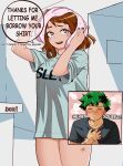  1boy 1girl absurdres blush boku_no_hero_academia brown_eyes brown_hair collarbone couple dokidokicat green_hair hetero highres implied_after_sex midoriya_izuku nail_polish no_pants scar shirt short_hair sleepwear speech_bubble thighs towel uraraka_ochako wet wet_hair 