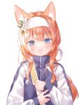  1girl animal_ear_fluff animal_ears bangs blue_archive blue_eyes blue_jacket blush flower fox_ears hair_flower hair_ornament hairband highres jacket long_hair long_sleeves looking_at_viewer mari_(blue_archive) mari_(gym_uniform)_(blue_archive) mutou_mato open_clothes open_jacket open_mouth orange_hair simple_background smile solo upper_body white_background 