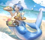  1girl :o antenna_hair beach blue_eyes blue_hair blue_skin blue_sky boat bright_pupils cloud colored_skin commission cup dolphin_girl drinking_glass english_text fins food full_body hands_up hogara holding holding_food holding_tray ice_cream lemonade looking_at_viewer monster_girl multicolored_skin ocean open_mouth original outdoors pancake sailboat shore short_hair skeb_commission sky solo souffle_pancake sparkle starfish sweat taur tray watercraft white_pupils wine_glass 