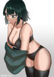  1girl a_big_brother black_bra black_panties black_thighhighs bra breasts cleavage cowboy_shot dark_green_hair fubuki_(one-punch_man) green_eyes highres large_breasts medium_hair one-punch_man panties solo standing thighhighs underwear undressing 