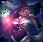  2018 ambiguous_gender anthro big_breasts breasts brown_body brown_fur canid cape clothing dialogue duo english_text female fishnet fishnet_armwear fur green_hair hair hat headgear headwear hi_res holding_object holding_staff littlenapoleon looking_at_viewer magic magic_user mammal pawpads smile staff taliyah_(kdhynamo) text witch witch_hat 