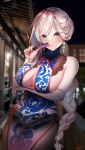  absurdres alternate_costume alternate_hairstyle bad_link blue_eyes breasts china_dress chinese_clothes dress earrings fate/grand_order fate_(series) hand_fan highres jewelry large_breasts long_hair looking_at_viewer miyamoto_musashi_(fate) taekaze7 