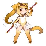  1girl animal_ears ass_visible_through_thighs breasts circlet closed_mouth elbow_gloves full_body gloves golden_snub-nosed_monkey_(kemono_friends) kemono_friends leotard long_hair looking_at_viewer monkey_ears monkey_tail mota multicolored_hair ponytail simple_background skirt solo tail thighhighs white_background 