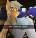  3d_background anthro applejack_(mlp) better_version_at_source bottomwear breasts butt car car_interior clothing dock duo earth_pony english_text equid equine eyebrows female female/female fluffyorbiter friendship_is_magic hasbro he_wants_to_order hi_res horn horse looking_at_viewer lying lying_on_another lying_on_lap mammal meme my_little_pony on_front pony raised_eyebrow rarity_(mlp) selfie shirt sitting skirt tail text topwear undershirt unicorn unimpressed vehicle 