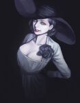  1girl alcina_dimitrescu black_flower black_hair breasts cleavage dress flower hat highres lipstick looking_at_viewer makeup pale_skin red_lips resident_evil resident_evil_village smile solo sun_hat tfy_1028 yellow_eyes 