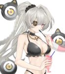  1girl :3 absurdres alchemy_stars bangs bare_shoulders bead_necklace beads bikini black_bikini braid breasts choker cleavage cup drinking_straw eicy_(alchemy_stars) eicy_(onyx_iris)_(alchemy_stars) eyeball eyepatch grey_hair hair_ornament hair_scrunchie halterneck highleg highleg_bikini highres holding holding_cup holding_spoon innertube jewelry long_hair looking_at_viewer medium_breasts necklace red_eyes scrunchie solo spoon suiccao swimsuit upper_body white_background 