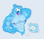  2022 abs absurd_res anthro anthrofied biceps blue_body blue_fur canid canine club_penguin cute_fangs digital_media_(artwork) disney eyebrows fur glistening glistening_body glistening_fur guide_lines hi_res male mammal muscular muscular_anthro muscular_male navel nipples open_mouth open_smile pecs pose puffle purple_tongue reference_image sketch smile solo soloemi3 teeth tongue tongue_out 