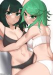  2girls a_big_brother black_bra black_panties bra breasts cleavage dark_green_hair fubuki_(one-punch_man) green_eyes green_hair highres large_breasts looking_back medium_breasts medium_hair multiple_girls one-punch_man panties siblings sisters tatsumaki underwear white_bra white_panties 