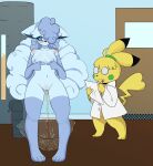  absurd_res alolan_form alolan_vulpix alternate_color anthro blue_body blue_eyes blue_fur blush bodily_fluids breasts clothed clothing coat digital_media_(artwork) duo ears_tied_back eyewear fan_character female fur generation_1_pokemon genital_fluids genitals glasses hair hair_over_eye hi_res lab_coat mammal masoka_(softestpuffss) nintendo nipples nude one_eye_obstructed peeing pikachu pokemon pokemon_(species) pussy raveneevee regional_form_(pokemon) simple_background smile standing topwear urine urine_stream video_games watersports 