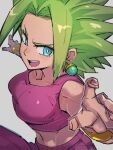  1girl :d blue_eyes breasts bright_pupils dragon_ball dragon_ball_super earrings green_hair grey_background jewelry kefla_(dragon_ball) kemachiku looking_at_viewer midriff navel open_mouth pants potara_earrings simple_background smile solo spiked_hair super_saiyan tank_top white_pupils 