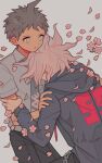  2boys :o ahoge arm_grab bangs black_jacket black_pants brown_hair chain cherry_blossoms danganronpa_(series) danganronpa_2:_goodbye_despair green_necktie grey_background grey_hair hands_on_another&#039;s_shoulders highres hinata_hajime hood hooded_jacket jacket komaeda_nagito looking_at_another male_focus messy_hair multiple_boys munya_(pic) necktie pants petals shiny shiny_hair short_hair simple_background 