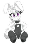  amethyst_star_(mlp) black_and_white bunny_costume clothing costume equid equine eyelashes fake_ears fake_rabbit_ears female friendship_is_magic greyscale hair hasbro hi_res horn legwear mammal monochrome my_little_pony pabbley purple_eyes ribbions semi-anthro simple_background sitting solo stockings unicorn unicorn_horn white_background 