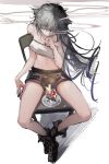  1girl animal_ear_fluff animal_ears arknights bangs bare_arms bare_shoulders between_fingers black_footwear black_shorts boots breasts chair cigarette closed_mouth commentary_request grey_eyes grey_hair hair_over_one_eye highres holding holding_cigarette lappland_(arknights) long_hair naijiaer navel on_chair shadow short_shorts shorts sitting small_breasts smoke solo very_long_hair white_background white_bandeau 