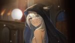  1girl animal_ears arknights bangs black_cloak blue_eyes blurry blurry_background breasts cloak commentary_request depth_of_field ears_through_headwear from_side grey_hair hair_between_eyes hair_ornament hairclip highres hood hood_up hooded_cloak indoors lappland_(arknights) looking_at_viewer looking_to_the_side naked_cloak scar scar_across_eye shisangeashi small_breasts solo upper_body 