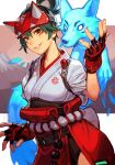  1girl blue_fur bow brown_eyes cowboy_shot facial_mark fingerless_gloves fox fox_mask gloves green_hair grin hair_bow half_mask hungry_clicker japanese_clothes kimono kiriko_(overwatch) looking_at_viewer mask mount_fuji overwatch overwatch_2 short_ponytail smile solo 