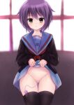  1girl bangs black_thighhighs blue_sailor_collar blue_skirt brown_cardigan brown_eyes cardigan closed_mouth clothes_lift collarbone commentary_request egg_vibrator expressionless katze_(pixiv) kita_high_school_uniform lifted_by_self long_sleeves looking_at_viewer nagato_yuki neckerchief no_panties purple_hair pussy red_neckerchief red_ribbon ribbon sailor_collar school_uniform serafuku sex_toy short_hair skirt skirt_lift solo suzumiya_haruhi_no_yuuutsu thighhighs vibrator zettai_ryouiki 