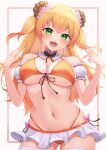  1girl :d animal_ears bare_shoulders bear_ears bikini bikini_skirt blonde_hair blush breasts cleavage contrapposto cowboy_shot detached_collar detached_sleeves fangs front-tie_bikini_top front-tie_top green_eyes highres hololive large_breasts long_hair looking_at_viewer momosuzu_nene multi-strapped_bikini_bottom narrow_waist open_mouth orange_bikini puffy_detached_sleeves puffy_short_sleeves puffy_sleeves short_sleeves skin_fangs smile solo string_bikini swimsuit thighhighs two_side_up typho underboob virtual_youtuber w_arms white_thighhighs wide_hips 