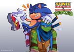  2022 annoyed anthro arsworlds clothing crossover duo english_text eulipotyphlan footwear gloves handwear hedgehog hi_res leonardo_(tmnt) male mammal mask reptile scalie sega signature simple_background smile sonic_the_hedgehog sonic_the_hedgehog_(series) teenage_mutant_ninja_turtles text turtle 