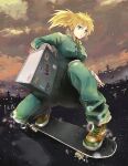  1girl blonde_hair box city cloud cloudy_sky dorohedoro green_eyes green_jumpsuit highres holding holding_box jumpsuit nikaidou_(dorohedoro) open_mouth osakanaotoko ponytail skateboard skateboarding sky solo 