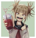  1girl absurdres bangs blood blunt_bangs boku_no_hero_academia cardigan cup double_bun drinking_straw fangs hair_bun heart highres holding holding_cup light_brown_hair messy_hair open_mouth osakanaotoko sailor_collar school_uniform simple_background smile solo toga_himiko yellow_eyes 