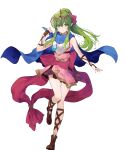  1girl armor bangs bare_shoulders blue_cape boots breastplate cape closed_mouth dress fire_emblem fire_emblem:_mystery_of_the_emblem fire_emblem_heroes gold_trim green_eyes green_hair hand_up highres jewelry leg_up long_hair looking_at_viewer necklace necomi non-web_source official_art pink_dress pointy_ears ponytail shiny shiny_hair short_dress sidelocks sleeveless smile solo stone tiara tiki_(fire_emblem) transparent_background 
