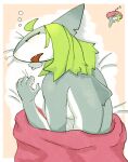  5_fingers anthro bedding big_breasts blanket bodily_fluids breasts cat_pepper curled_up digital_media_(artwork) drooling eyelashes eyes_closed female fingers fish frown green_hair grey_body grey_skin hair hi_res long_hair marine multicolored_body non-mammal_breasts nude open_mouth roji_(cat_pepper) saliva shark side_boob sleeping snaggle_tooth solo teeth two_tone_body white_body white_skin 