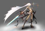  152_in_can 1girl absurdres altera_(fate) black_nails dark-skinned_female dark_skin detached_sleeves fate/grand_order fate_(series) full-body_tattoo full_body highres holding holding_sword holding_weapon navel photon_ray_(fate) red_eyes short_hair solo standing sword tattoo weapon white_bandeau white_hair white_sleeves white_veil 