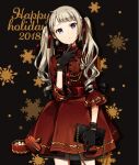  1girl 2018 :&lt; bag bangs black_background black_gloves black_ribbon blonde_hair box buttons buzz cowboy_shot double-breasted dress earrings gloves hair_ribbon hand_on_own_chin handbag happy_holidays holding holding_bag jewelry long_hair looking_at_viewer necklace original purple_eyes red_dress red_ribbon ribbon sleeves_past_elbows snowflake_background solo twintails 